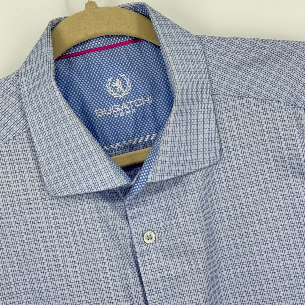 Bugatchi Men's Dress Shirt 17 1/2 34/35 Light Blue Pattern Long‎ Sleeve EUC